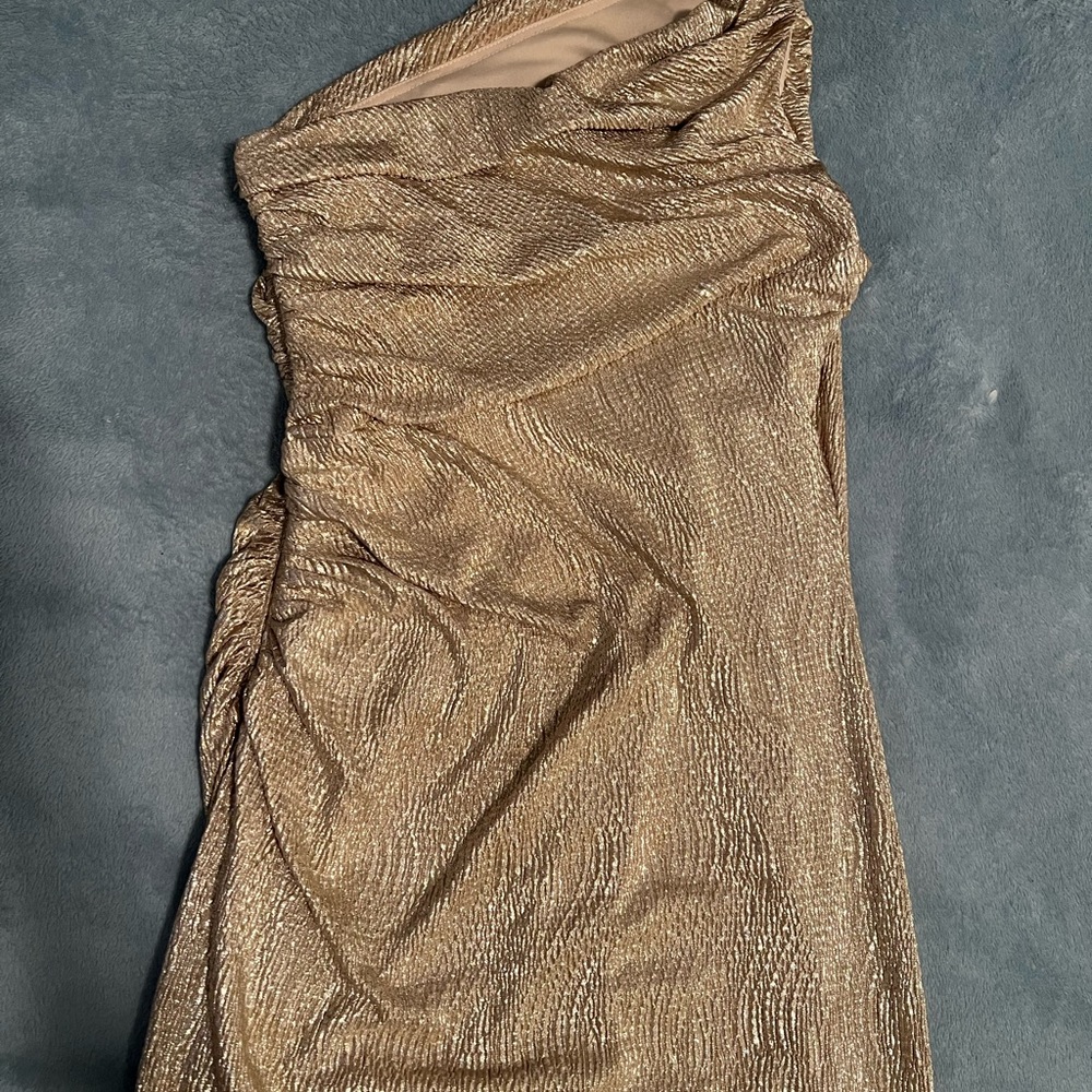 Betsy & Adam Metallic Gold and Cream Gown